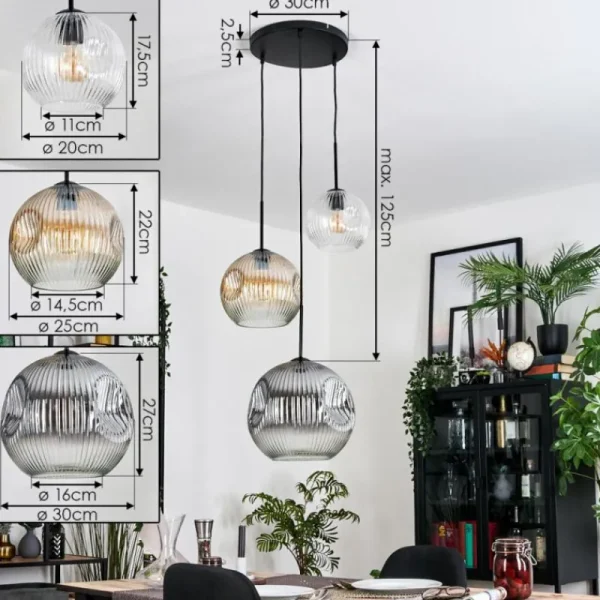 hofstein Koyoto Suspension, Boule lumineuse, Suspension, Suspension grappe 30 cm Ambre, Clair, Fumé, 3 lumières* Lampes Modernes