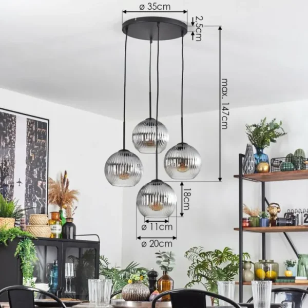 hofstein Koyoto Suspension, Boule lumineuse 35 cm Clair, Fumé, 4 lumières* Lampes Modernes