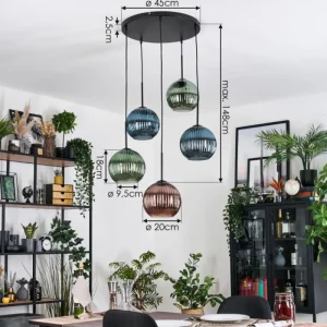 hofstein Koyoto Suspension, Boule lumineuse, Suspension grappe 45 cm Bleu, Vert, Cuivré, 5 lumières* Lampes Modernes
