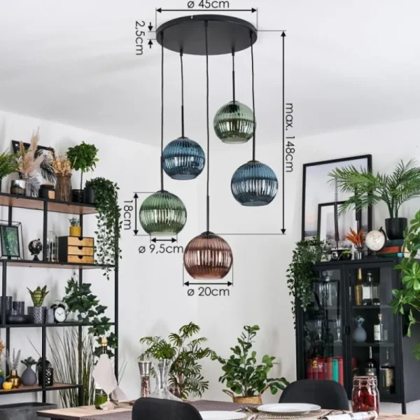 hofstein Koyoto Suspension, Boule lumineuse, Suspension grappe 45 cm Bleu, Vert, Cuivré, 5 lumières* Lampes Modernes