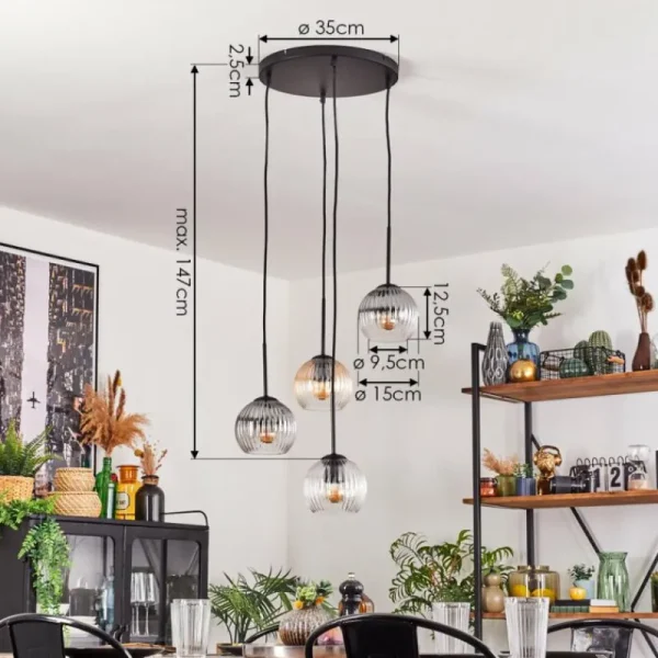 hofstein Koyoto Suspension, Boule lumineuse, Suspension Ambre, Clair, Fumé, 4 lumières* Lampes Modernes