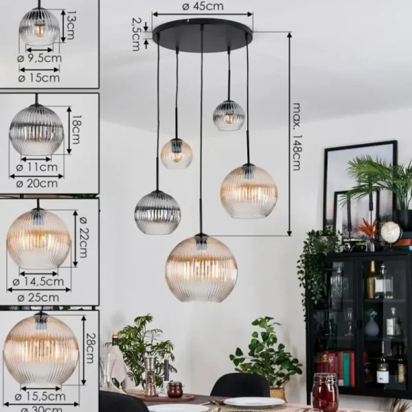 hofstein Koyoto Suspension, Boule lumineuse, Suspension grappe Ambre, Clair, Fumé, 5 lumières* Lampes Modernes