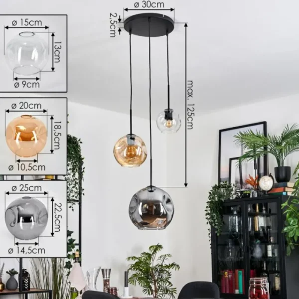 hofstein Koyoto Suspension, Boule lumineuse, Suspension, Suspension grappe Ambre, Clair, Fumé, 3 lumières* Lampes Modernes