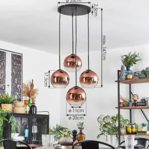 hofstein Koyoto Suspension, Boule lumineuse 35 cm Clair, Cuivré, 4 lumières* Lampes En Verre