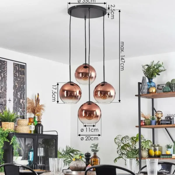 hofstein Koyoto Suspension, Boule lumineuse 35 cm Clair, Cuivré, 4 lumières* Lampes En Verre