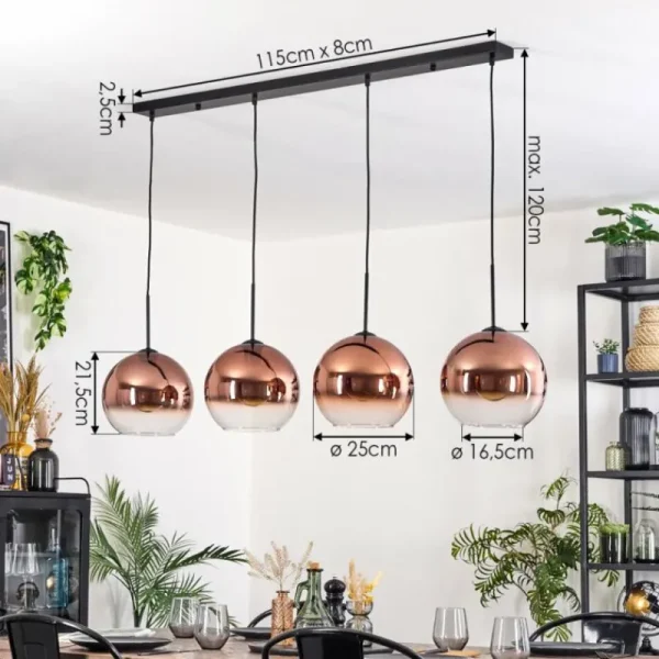 hofstein Koyoto Suspension, Boule lumineuse, Suspension Clair, Cuivré, 4 lumières* Lampes En Verre