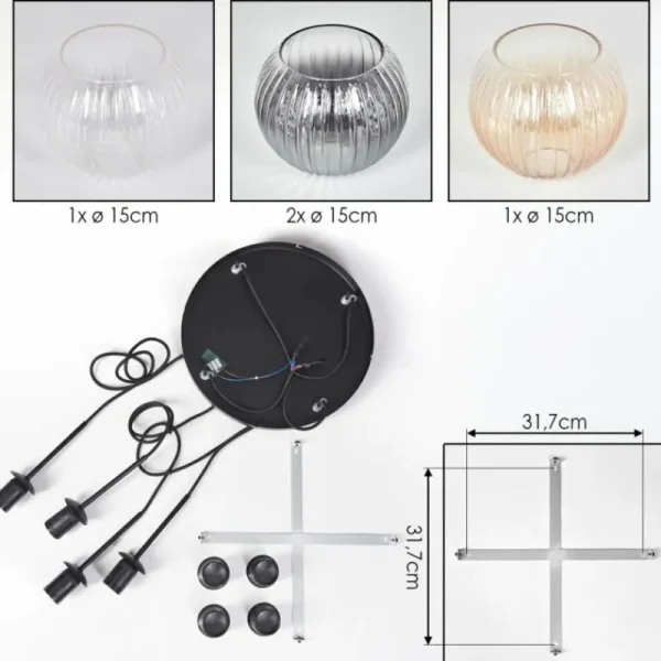 hofstein Koyoto Suspension, Boule lumineuse, Suspension Ambre, Clair, Fumé, 4 lumières* Lampes Modernes