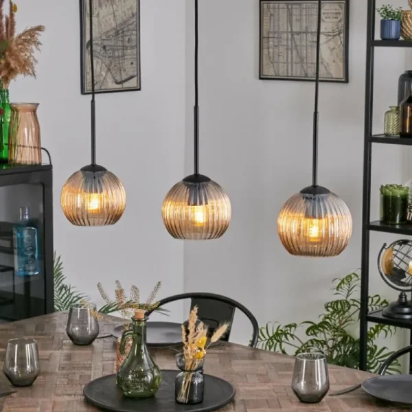 hofstein Koyoto Suspension, Boule lumineuse, Suspension Ambre, 3 lumières* Lampes Modernes