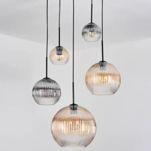 hofstein Koyoto Suspension, Boule lumineuse, Suspension grappe Ambre, Clair, Fumé, 5 lumières* Lampes Modernes