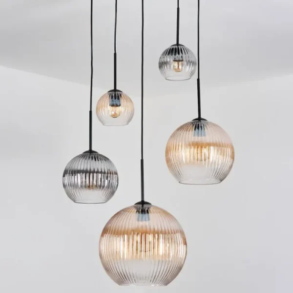hofstein Koyoto Suspension, Boule lumineuse, Suspension grappe Ambre, Clair, Fumé, 5 lumières* Lampes Modernes
