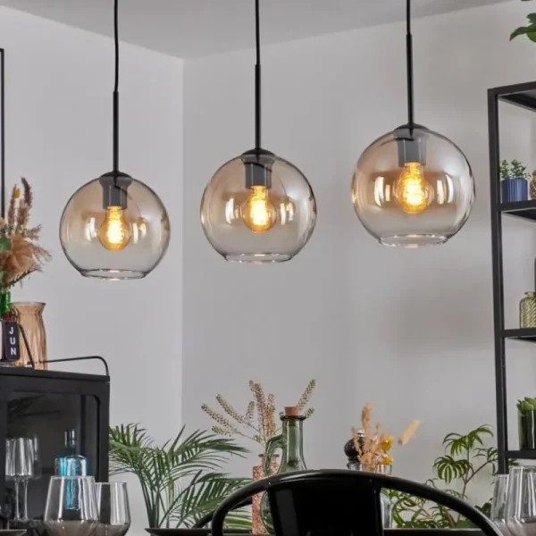 hofstein Koyoto Suspension, Boule lumineuse, Suspension Ambre, Clair, 3 lumières* Lampes En Verre