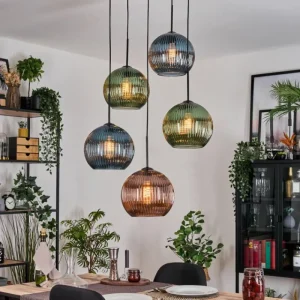 hofstein Koyoto Suspension, Boule lumineuse, Suspension grappe Bleu, Vert, Cuivré, 5 lumières* Lampes Modernes