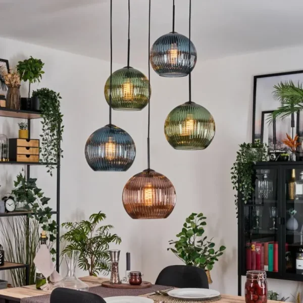 hofstein Koyoto Suspension, Boule lumineuse, Suspension grappe Bleu, Vert, Cuivré, 5 lumières* Lampes Modernes