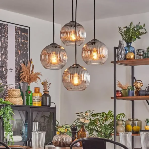 hofstein Koyoto Suspension, Boule lumineuse 35 cm Clair, Fumé, 4 lumières* Lampes Modernes