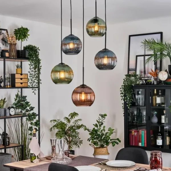 hofstein Koyoto Suspension, Boule lumineuse, Suspension grappe 45 cm Bleu, Vert, Cuivré, 5 lumières* Lampes Modernes