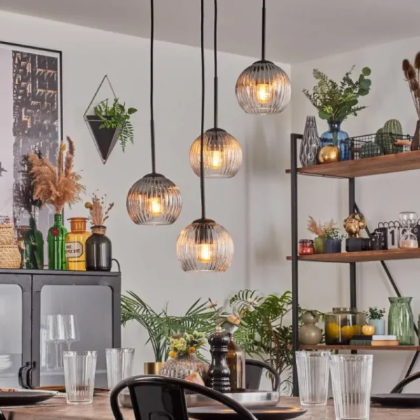 hofstein Koyoto Suspension, Boule lumineuse, Suspension Ambre, Clair, Fumé, 4 lumières* Lampes Modernes