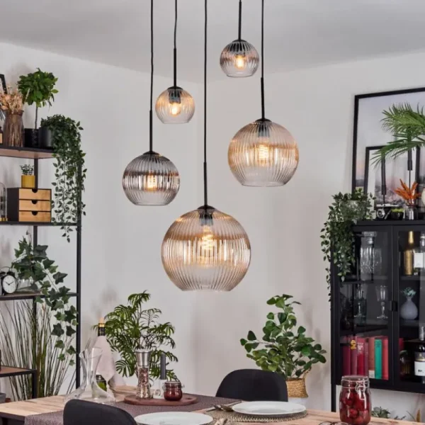 hofstein Koyoto Suspension, Boule lumineuse, Suspension grappe Ambre, Clair, Fumé, 5 lumières* Lampes Modernes