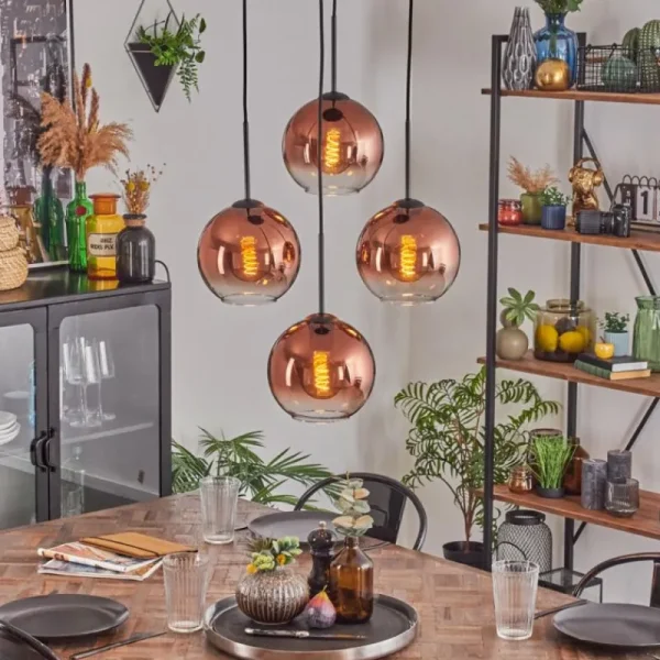 hofstein Koyoto Suspension, Boule lumineuse 35 cm Clair, Cuivré, 4 lumières* Lampes En Verre