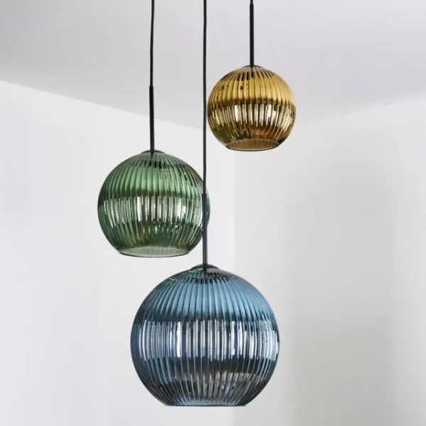 hofstein Koyoto Suspension, Boule lumineuse, Suspension grappe 30 cm Bleu, Or, Vert, 3 lumières* Lampes En Verre