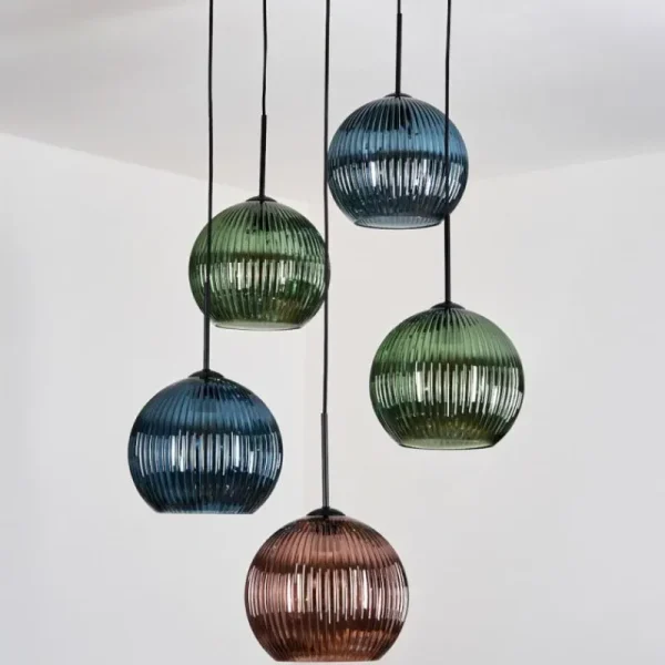 hofstein Koyoto Suspension, Boule lumineuse, Suspension grappe Bleu, Vert, Cuivré, 5 lumières* Lampes Modernes