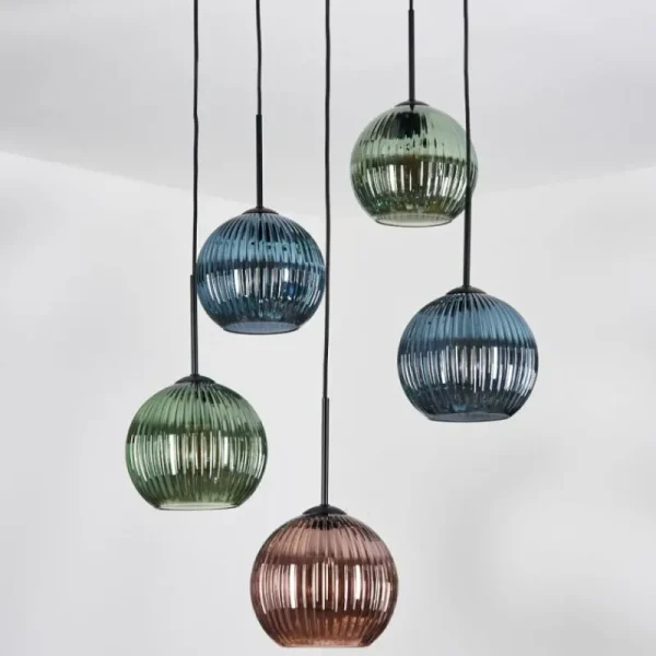 hofstein Koyoto Suspension, Boule lumineuse, Suspension grappe 45 cm Bleu, Vert, Cuivré, 5 lumières* Lampes Modernes