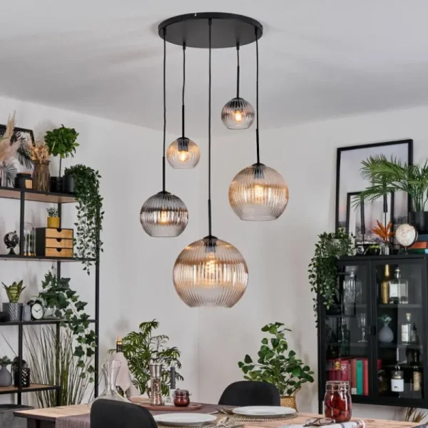 hofstein Koyoto Suspension, Boule lumineuse, Suspension grappe Ambre, Clair, Fumé, 5 lumières* Lampes Modernes