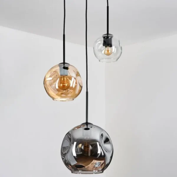 hofstein Koyoto Suspension, Boule lumineuse, Suspension, Suspension grappe Ambre, Clair, Fumé, 3 lumières* Lampes Modernes