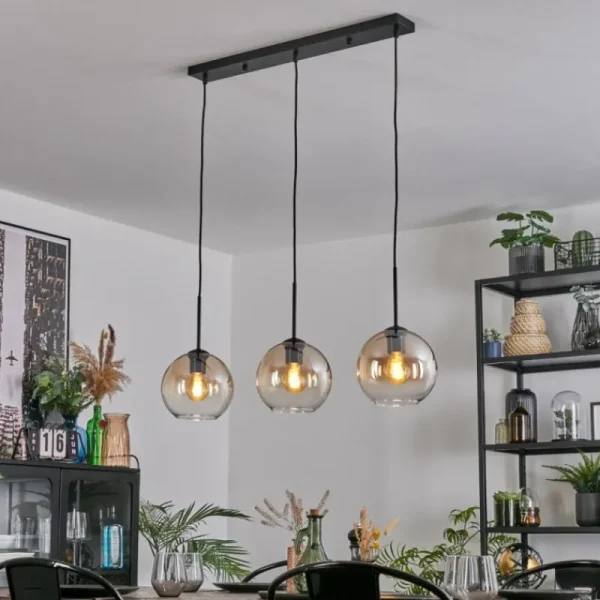 hofstein Koyoto Suspension, Boule lumineuse, Suspension Ambre, Clair, 3 lumières* Lampes En Verre