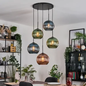 hofstein Koyoto Suspension, Boule lumineuse, Suspension grappe Bleu, Vert, Cuivré, 5 lumières* Lampes Modernes