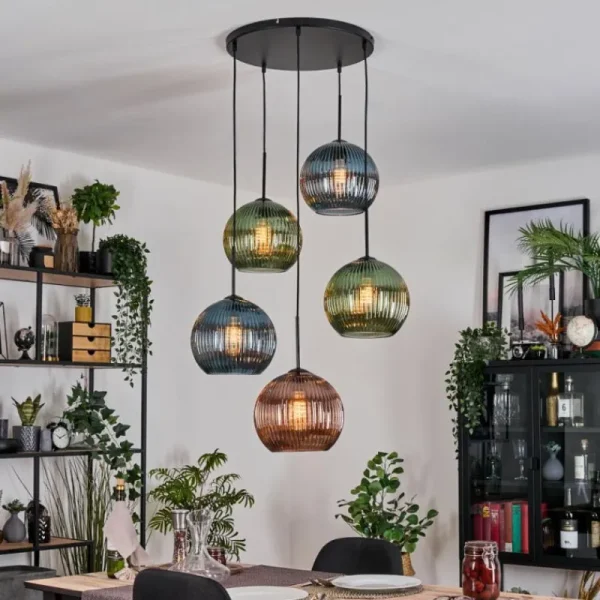 hofstein Koyoto Suspension, Boule lumineuse, Suspension grappe Bleu, Vert, Cuivré, 5 lumières* Lampes Modernes