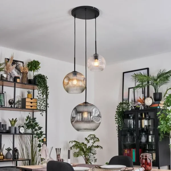 hofstein Koyoto Suspension, Boule lumineuse, Suspension, Suspension grappe 30 cm Ambre, Clair, Fumé, 3 lumières* Lampes Modernes
