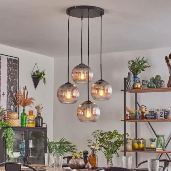 hofstein Koyoto Suspension, Boule lumineuse 35 cm Clair, Fumé, 4 lumières* Lampes Modernes