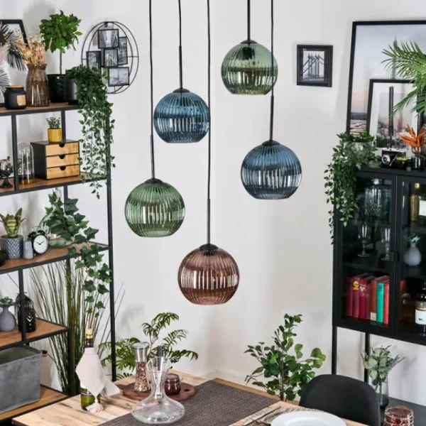 hofstein Koyoto Suspension, Boule lumineuse, Suspension grappe 45 cm Bleu, Vert, Cuivré, 5 lumières* Lampes Modernes