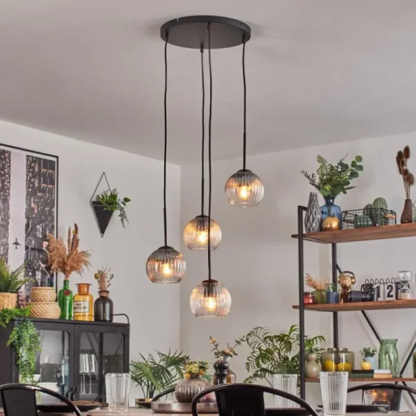 hofstein Koyoto Suspension, Boule lumineuse, Suspension Ambre, Clair, Fumé, 4 lumières* Lampes Modernes