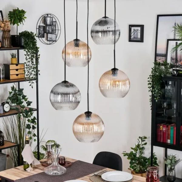 hofstein Koyoto Suspension, Boule lumineuse, Suspension grappe Ambre, Clair, Fumé, 5 lumières* Lampes Modernes