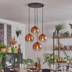 hofstein Koyoto Suspension, Boule lumineuse 35 cm Clair, Cuivré, 4 lumières* Lampes En Verre