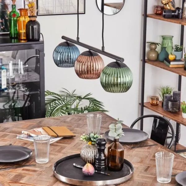 hofstein Koyoto Suspension, Boule lumineuse, Suspension Bleu, Vert, Cuivré, 3 lumières* Lampes Modernes