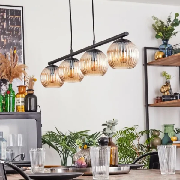 hofstein Koyoto Suspension, Boule lumineuse, Suspension Ambre, 4 lumières* Lampes Modernes