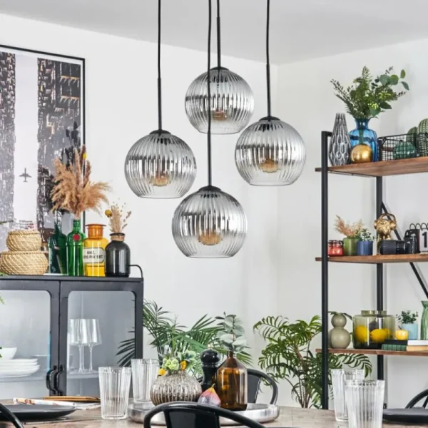 hofstein Koyoto Suspension, Boule lumineuse 35 cm Clair, Fumé, 4 lumières* Lampes Modernes