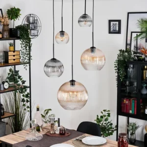 hofstein Koyoto Suspension, Boule lumineuse, Suspension grappe Ambre, Clair, Fumé, 5 lumières* Lampes Modernes