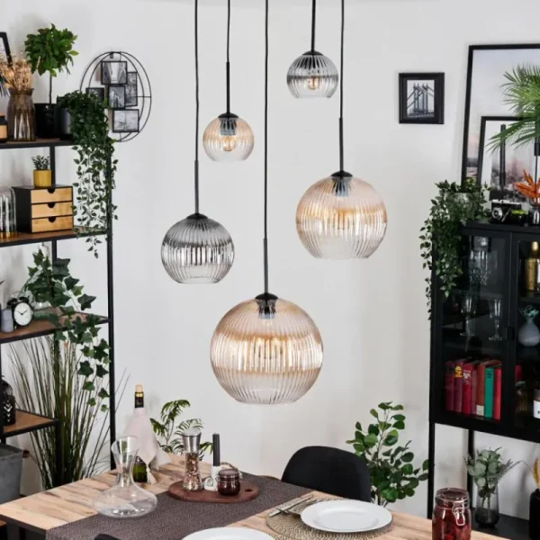 hofstein Koyoto Suspension, Boule lumineuse, Suspension grappe Ambre, Clair, Fumé, 5 lumières* Lampes Modernes