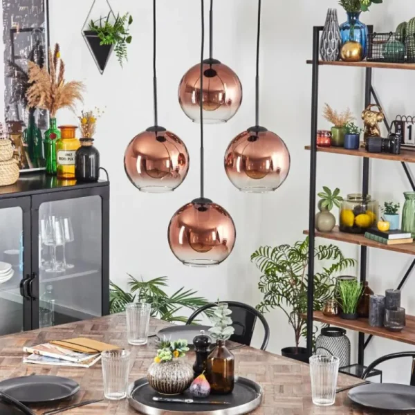 hofstein Koyoto Suspension, Boule lumineuse 35 cm Clair, Cuivré, 4 lumières* Lampes En Verre