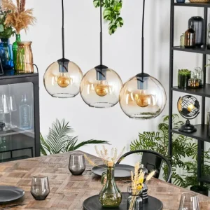 hofstein Koyoto Suspension, Boule lumineuse, Suspension Ambre, Clair, 3 lumières* Lampes En Verre