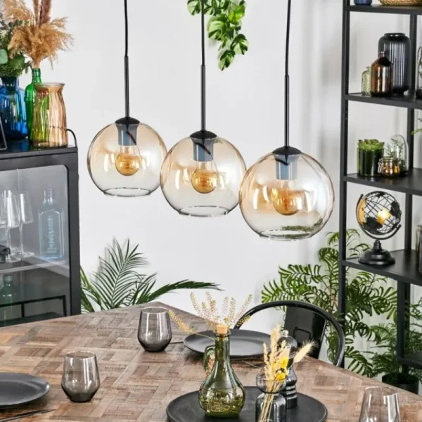 hofstein Koyoto Suspension, Boule lumineuse, Suspension Ambre, Clair, 3 lumières* Lampes En Verre