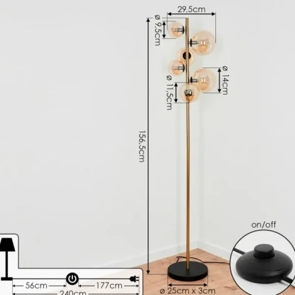 hofstein Lampadaire Chehalis LED Laiton, Noir, 6 lumières* Lampes En Verre