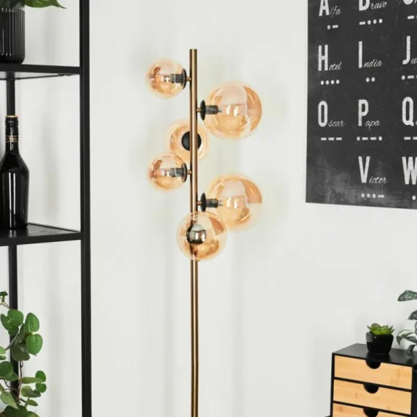 hofstein Lampadaire Chehalis LED Laiton, Noir, 6 lumières* Lampes En Verre