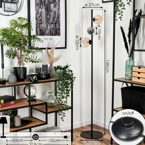 hofstein Lampadaire - Verre 10 cm, 12 cm Remaisnil Noir, 3 lumières* Lampes Modernes