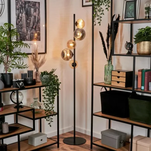 hofstein Lampadaire - Verre 12 cm, 15 cm Remaisnil Noir, 5 lumières* Lampes Modernes
