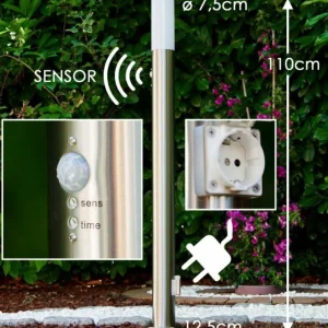 hofstein Lampadaire Caserta Acier inoxydable, 1 lumière, Détecteur de mouvement* Lampes Modernes