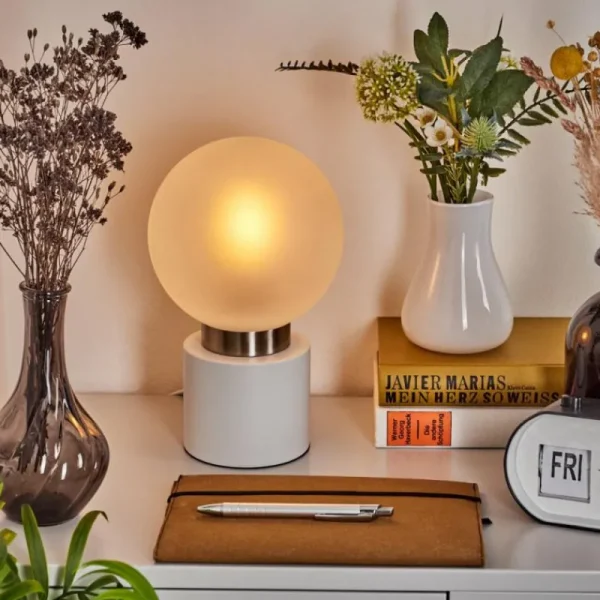hofstein Lampe de table Flawil Nickel mat, Blanc, 1 lumière* Lampes En Verre